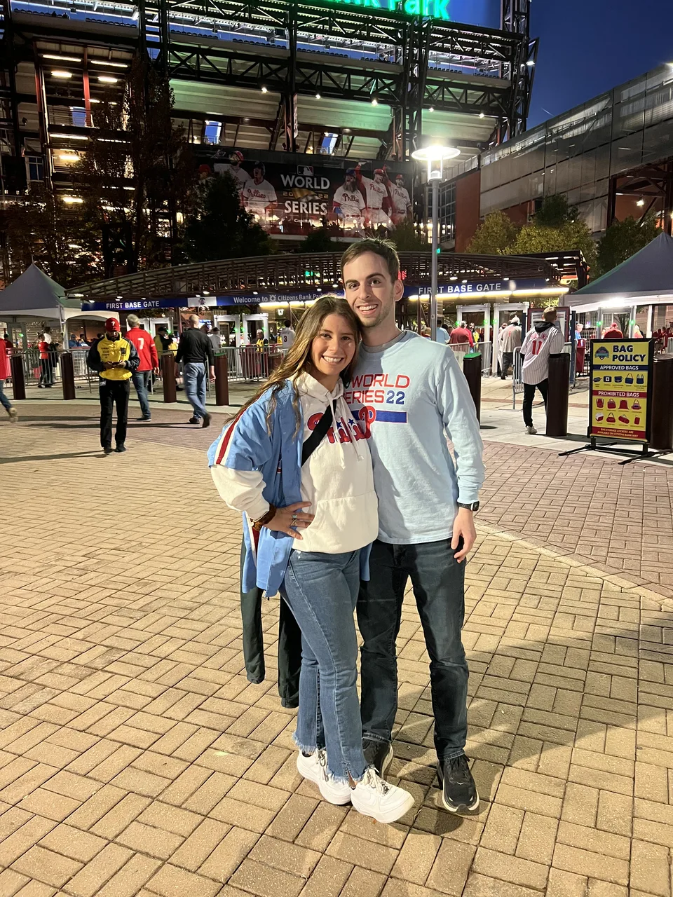 Leah and Justin outside Citizens Bank Park for the 2022 Phillies World Series.