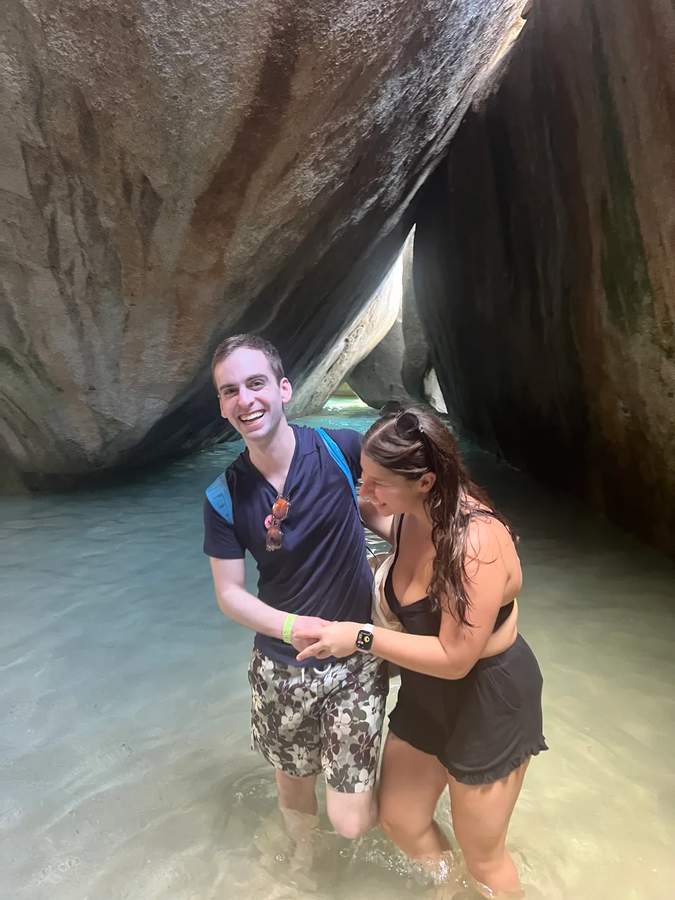 Leah and Justin in a sea grotto in the British Virgin Islands.